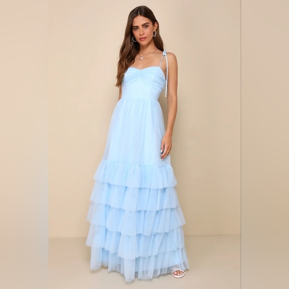 Lulus Endlessly Darling Light Blue Mesh Tiered Tie-Strap Maxi Dress M Wedding - Picture 2 of 9
